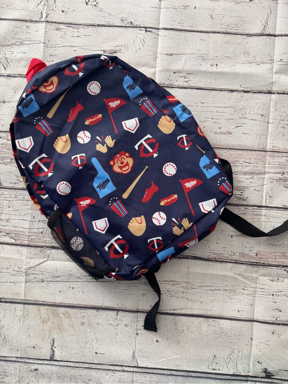 MLB Twins Navy Kids Backpack with Red & Blue Baseball Print